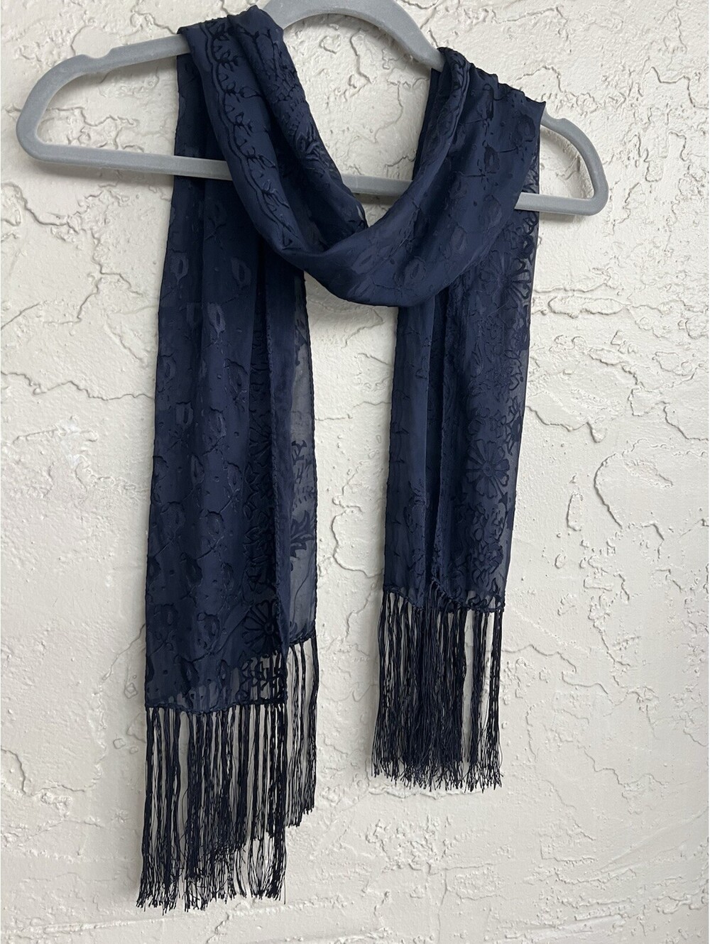 Women’s Navy Blue Sheer Floral Scarf Wrap Shawl Fringe Lightweight 52X12